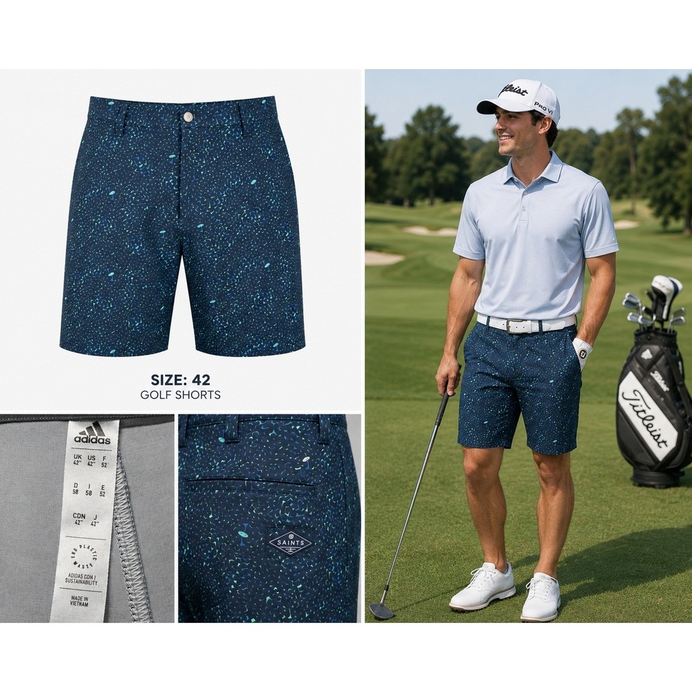 Adidas Golf Shorts Mens 42/8' Inseam Blue AOP Flag Print Golf Performance HA9122